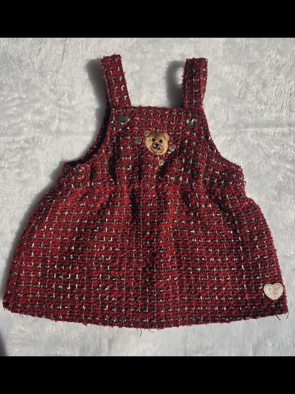 Baby Guess Tweed Lurex Boucle Skirtall Red Dress Embroidered Bear & Hearts 6-9m